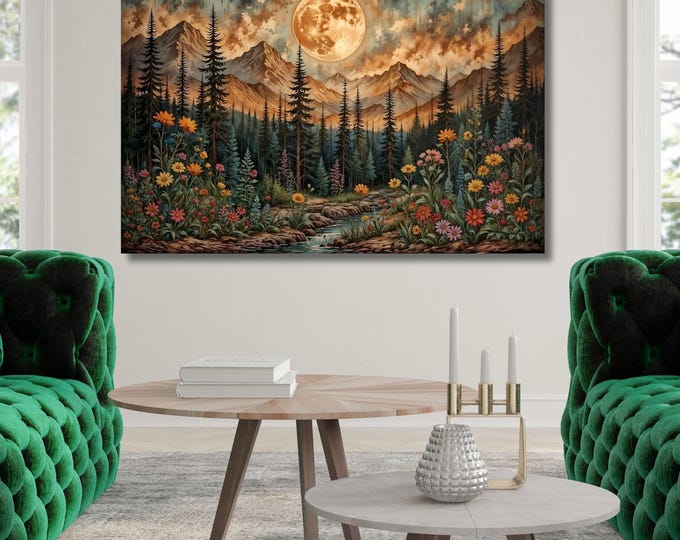 Klimt Inspired Moonlit Forest Canvas Art: Rustic Mountain Flower Print