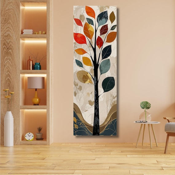 Long Narrow Canvas Wall Art Vertical Nature Print Tall Modern sun Tree or Mountain Wall Decor for Hallway,Entryway Small Space Styling Print