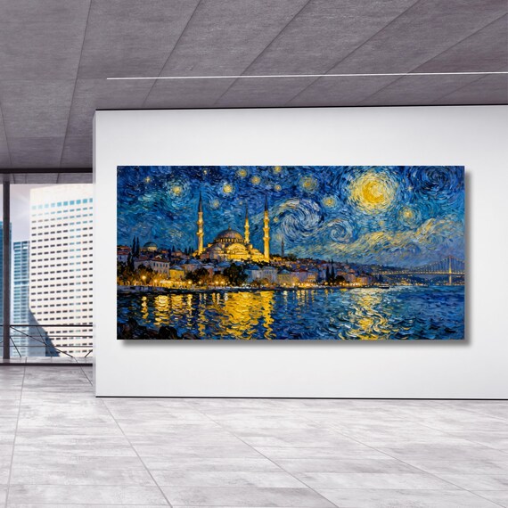 Istanbul in the Style of Van Gogh – Starry Night Inspired Canvas Wall Art Ready to Hang/ poster City Night Wall Art