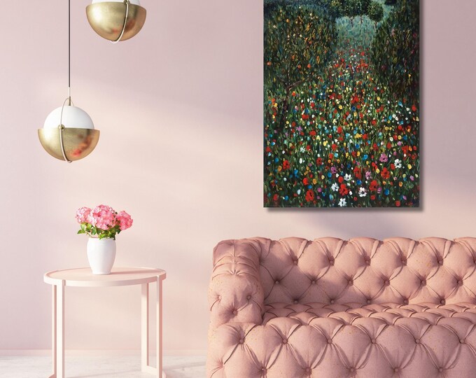 Poppy Fields Gustav Klimt Landscape Canvas Wall Art, Vintage Wildflower Print (Framed)