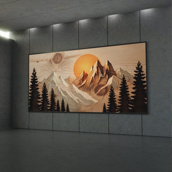 Panoramic Mountain Sunset Canvas Print Art, Rustic long Wood Grain Wall Decor, Large Nature Landscape Print