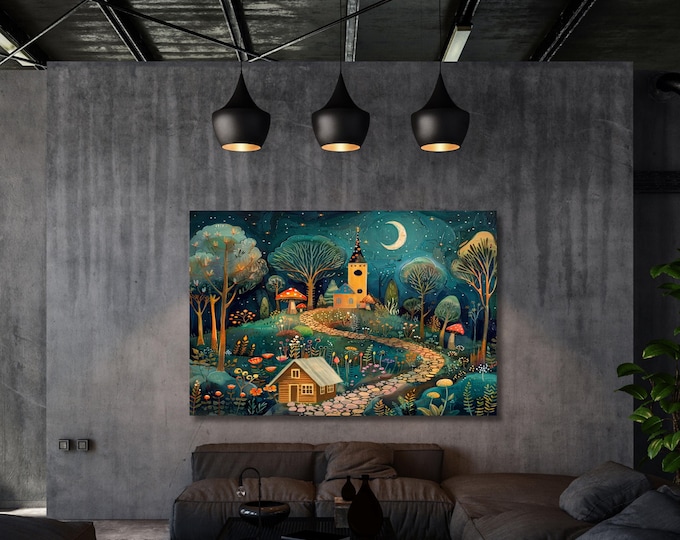 Klimt Style Whimsical Night Village Canvas Wall Art – Moonlit Forest Landscape Fantasy Decor