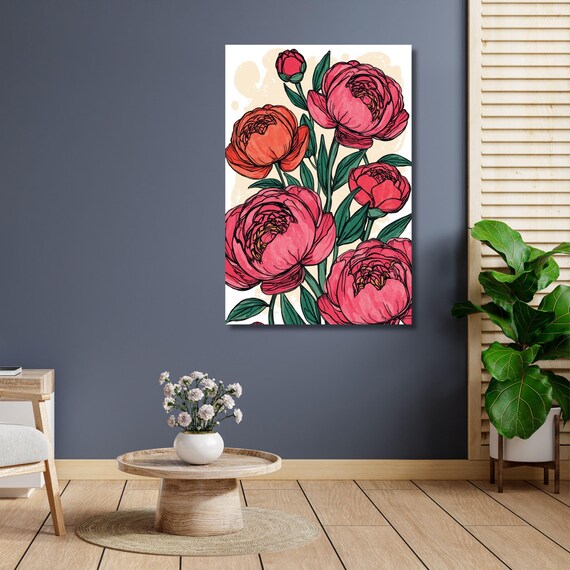 Peony and Red Rose Canvas Wall Art Vibrant Floral Print Romantic Botanical Decor for Bedroom, Hallway or Cottage Style Room Decor Print art