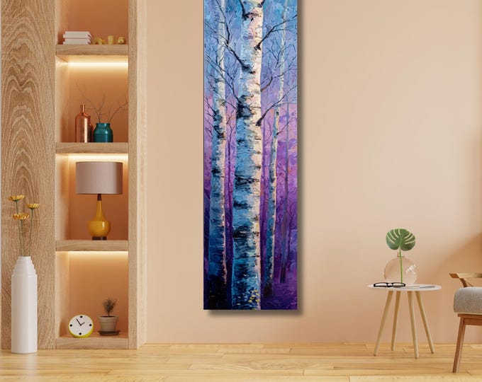 Tall Vertical Birch Tree Canvas Art, Modern Forest Wall Decor, hallway Art