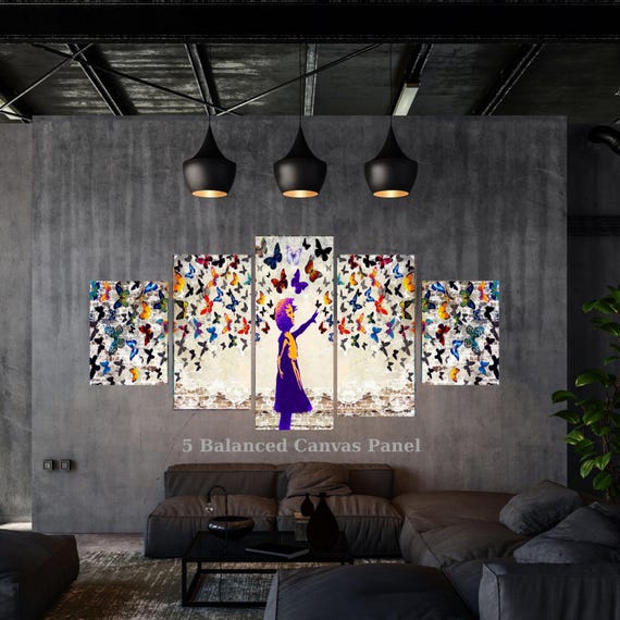 5 Piece Colorful Butterflies Canvas Wall Art, Banksy Inspired Child Silhouette Decor, Multi Panel Framed Ready to Hang Modern Street Art Set