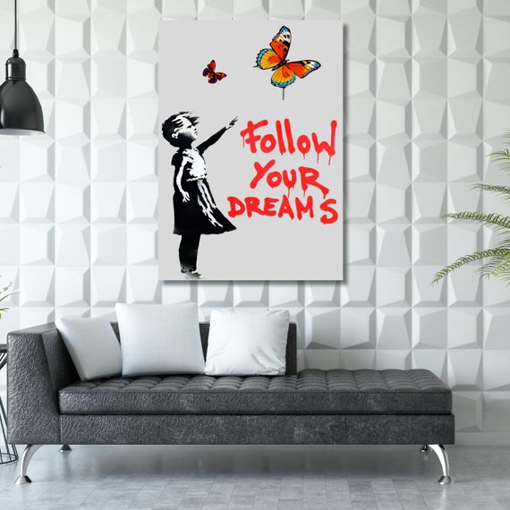 Colorful Butterfly Girl Canvas Wall Art, Banksy Street Art, Trendy Wall Decor, Christmas Gift Banksy Wall Art, Graffiti Wall Art Gift Canvas