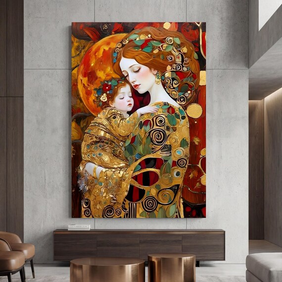 Mother and Child Gustav Klimt Style Canvas – Modern Gold Symbolist Wall Art