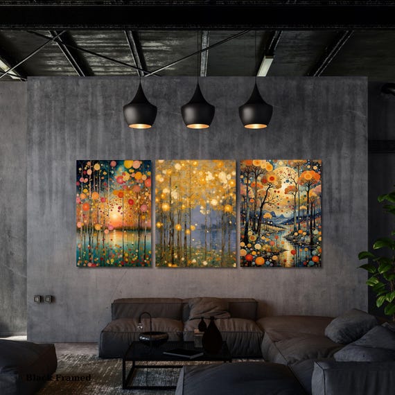 Set of 3 Gustav Klimt Night Canvas Wall Art Klimt style Klimt Moon Stars Canvas Wall Art Modern Living Room Gold Flowers Night Sky wall art