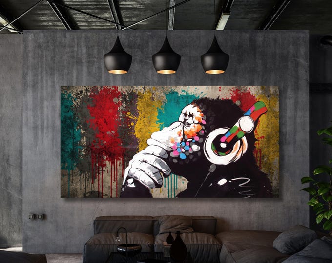 Banksy DJ Monkey Canvas Wall Art Banksy Thinking Monkey Music Thinker Graffiti Wall Art Extra Large Wall Art Gorilla Chimp Ready to Hang