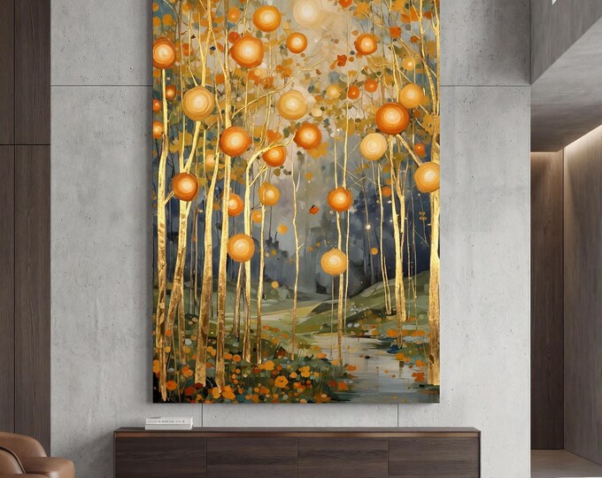 Gustav Klimt Style Golden Landscape, Mystical Symbolist Lake Art, Gold Geometric Wall Decor, Art Nouveau Canvas Print, Large Luxury Wall Art