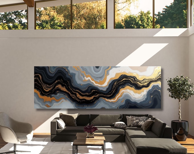 Panoramic Abstract Marble Canvas Wall Art, White Yellow Blue Luxury Decor