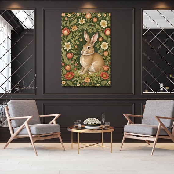 William Morris Style Rabbit in Wildflower Meadow Canvas Dark Floral Woodland Animal Art Rustic Botanical Print for Cottage Nursery Decor art