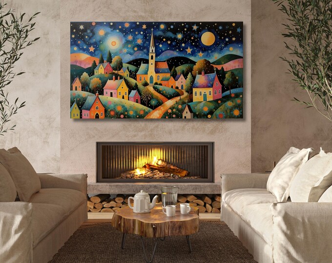 Gustav Klimt Village Night Canvas, Starry Moon Scene (Ready to Hang)