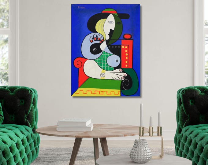 Picasso Femme au Beret Canvas Print, Cubist Woman Checked Dress Wall Art