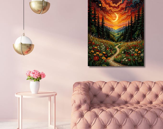 Klimt Inspired Moon Canvas Art, Wildflower Landscape, Boho Wall Decor