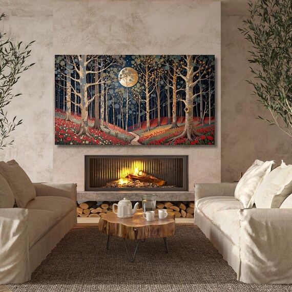 Flower Garden Flower Moon canvas, Moonlit Pine Tree Forest wall Art, Full Moon Wildflower Print, Rustic Mountain Art, Woodland Klimt Gift