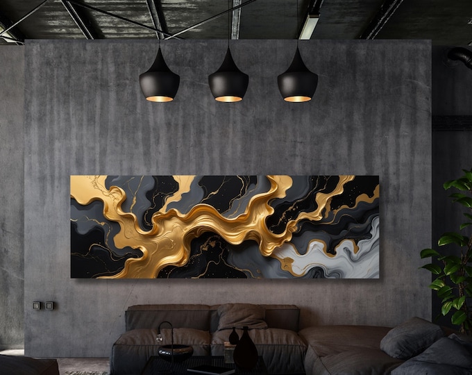 Black and Gold Marble Wall Art - Panoramic Abstract Canvas