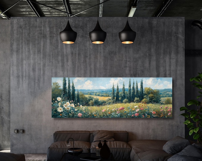 Horizontal Large Framed Canvas Art, Oversize Nature Print with Elegant Wood Frames, Modern Wall Hangings Klimt Inspired Botanical Landscape,