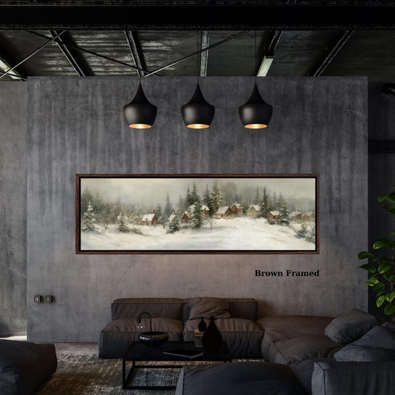Cozy Winter Village Scene Canvas Wall Art – Snow Covered Homes Wall Art, Rustic Holiday Christmas Decor