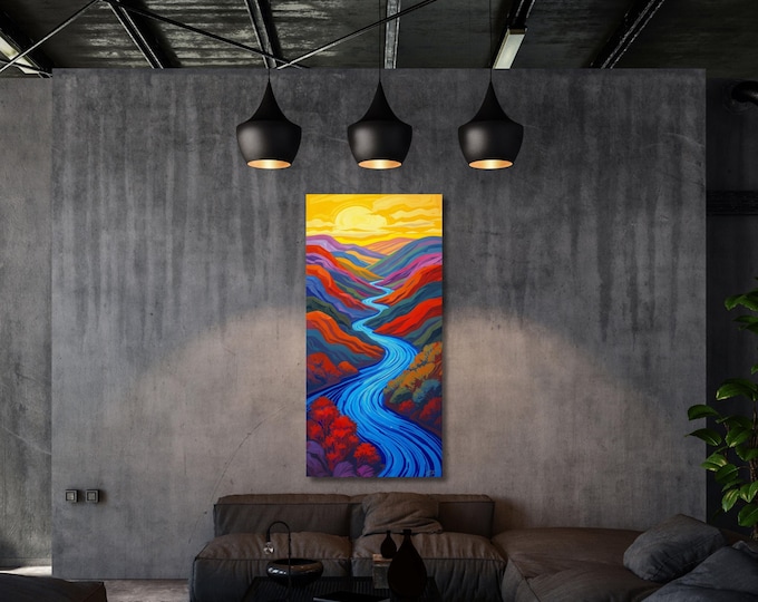 Vibrant Mountain River Canvas Art, Tall Narrow Landscape, Sun Tree Nature Wall Decor