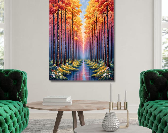 Sunset Mountain Landscape Wildflower Canvas, Flower Garden Flower Market canvas, Moonlit Pine Tree Forest wall Art Rustic Sun Art Klimt Gift