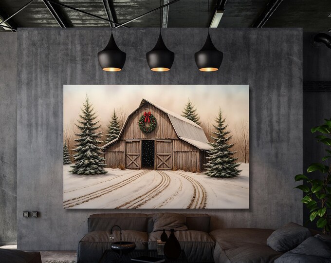Christmas Farmhouse Canvas Art: Vintage Barn, Winter Scene