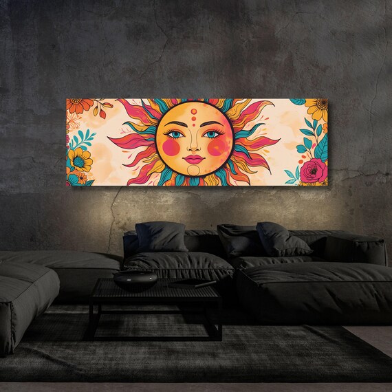 Panoramic Sunset over the Emerald Green Canvas Wall Art,Boho Wall Art Minimal Horizontal Wall Art Vintage Sunset Painting Sunset Print gift