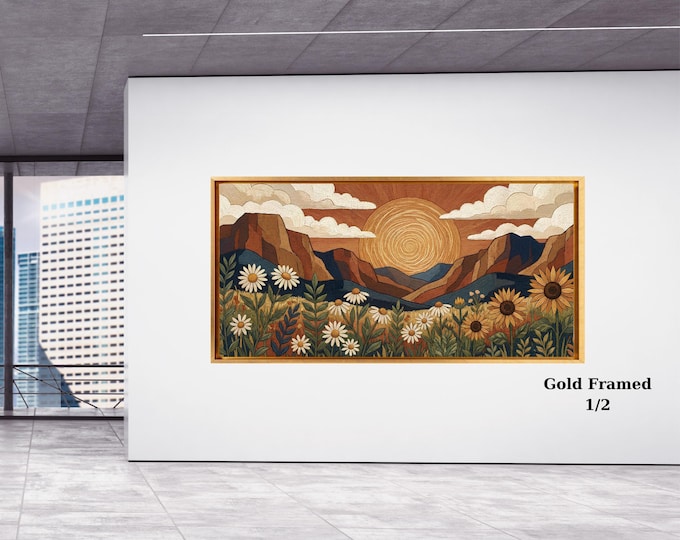 Panoramic Boho Mountain Landscape Canvas Wall Art, Framed Canvas Japanese Style Mid Century Exhibition Large Modern Living Room Decor