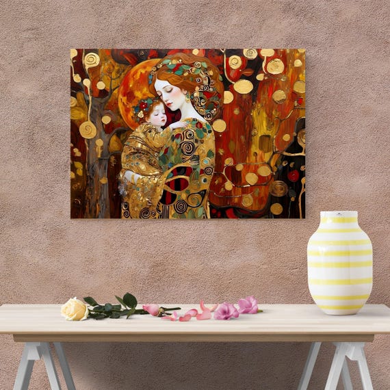 Mother and Child Gustav Klimt Style Canvas – Modern Gold Symbolist Wall Art
