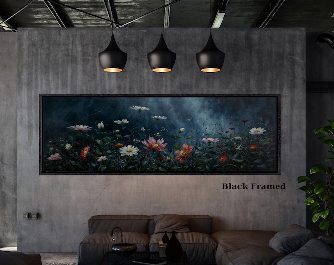 Night Moody Wild Flowers Canvas, Framed Canvas Print, Above Bed Art, Dark Floral Paintingt,Boho Minimal Panoramic Thought Provoking Wall Art