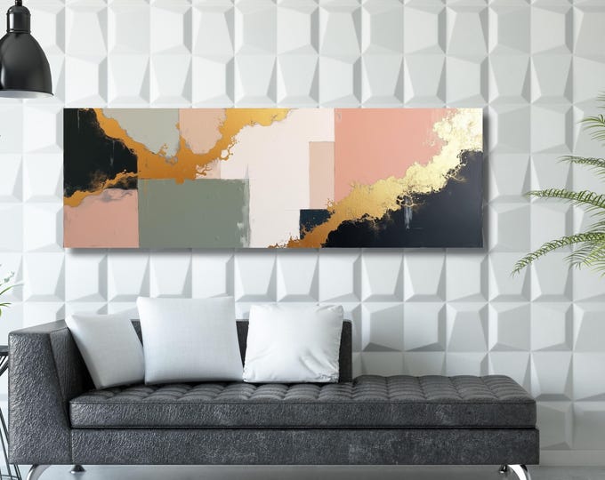Panoramic Abstract Canvas Wall Art, White Yellow Blue Marble Decor