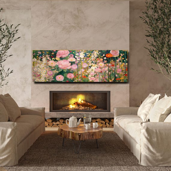 Gustav Klimt Inspired Flower Garden Canvas Wall Art, Panoramic Wildflower Meadow Painting, Floral Impressionist Decor, Large Horizontal Art