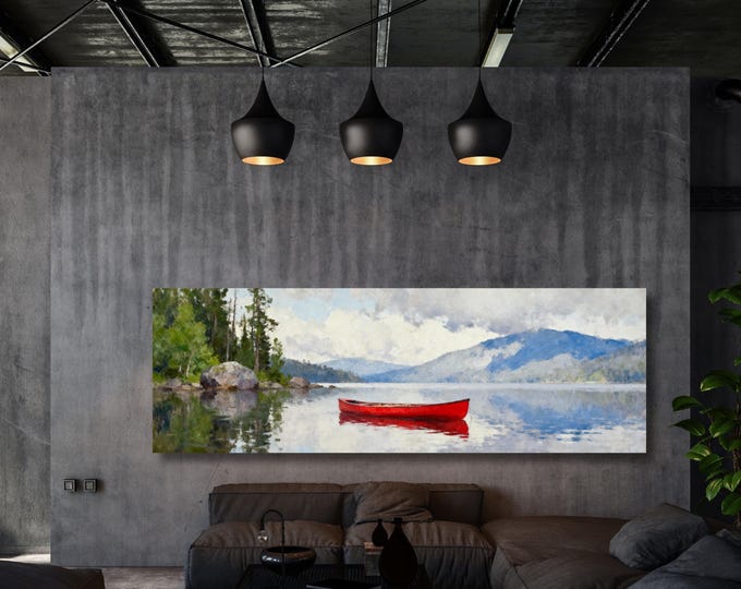 Lone Wooden Red Canoe Floating In Lake Canvas Wall Art Art, Oversize Nature Print with Elegant Modern Wall Hangings Klimt Landscape