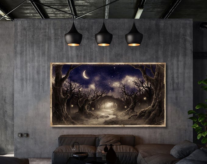 Gothic Dark Forest Spooky Moonlit Path Mystic Night Sky Fantasy Living Room Decor