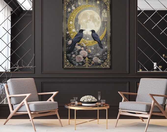 Canvas Wall Art Print: Raven Couple in Dark Forest - Vintage Gothic
