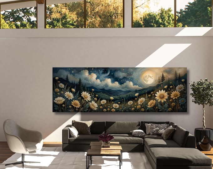 Full Moon Wildflower Canvas Art, Moonlit Forest Landscape, Rustic Mountain Wall Decor