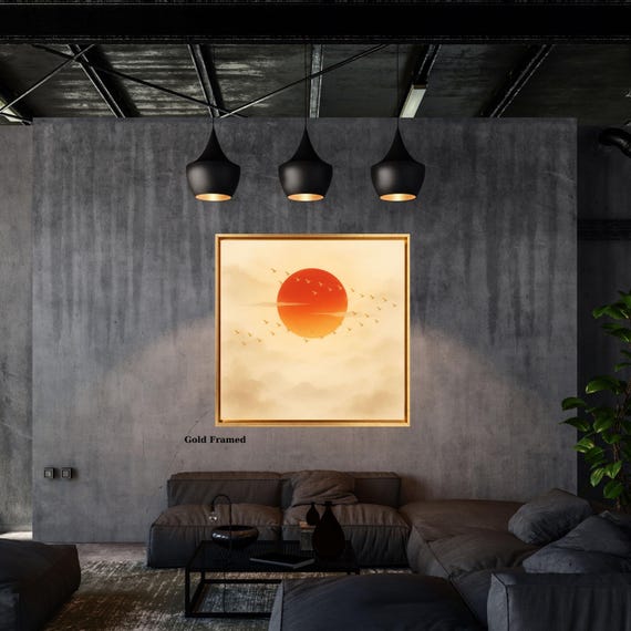 Sage Moon Japandi Canvas Wall Art, Flock of Birds Framed Print, Japanese Rising Sun Canvas, Square Oriental Wall Decor for Living Room gift