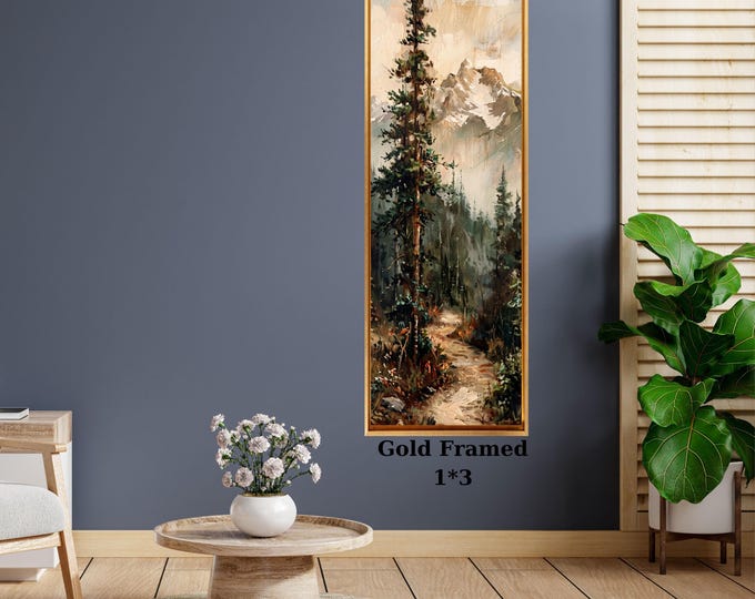 Mountain Landscape Canvas Art, Tall Narrow Vintage Wall Decor