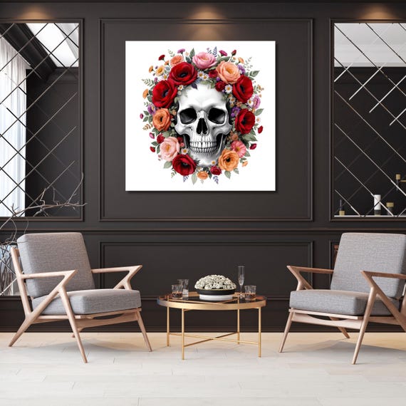 Watercolor Floral Skull Canvas Wall Art Boho Gothic Decor Colorful Skull Print for Bedroom Living Room Halloween or Alternative Home Style