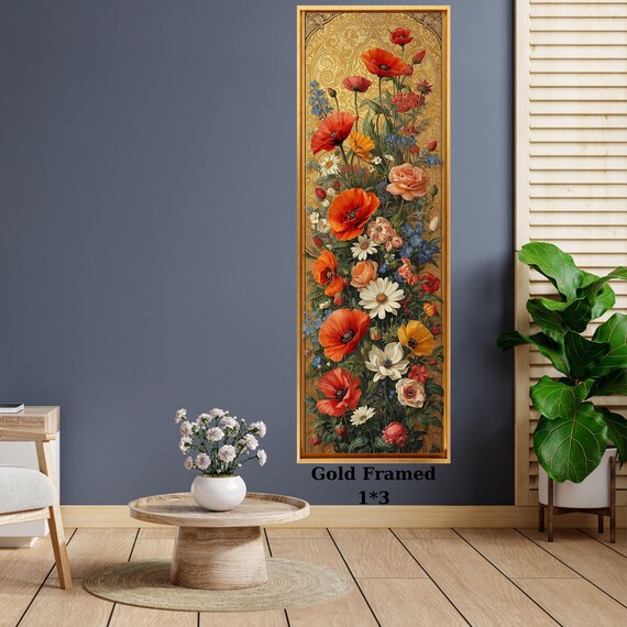 Long Narrow Golden Floral Abstract Canvas Art, Elegant Poppy & Rose Vertical Wall Decor, Framed  Luxury Flower Poster, Tall Narrow Wall Art