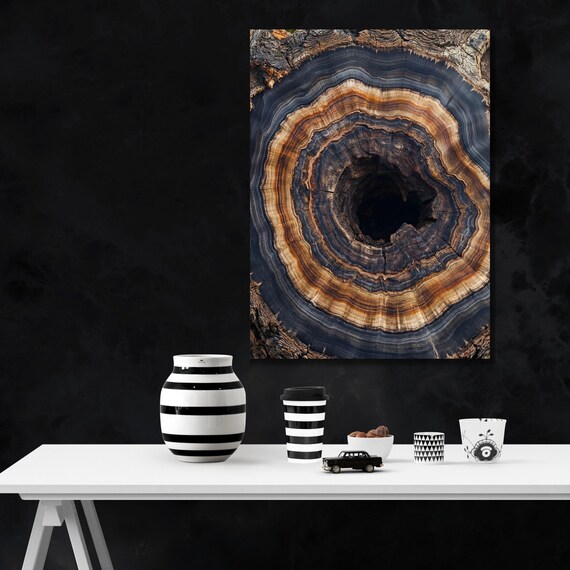 Geological Style Wood Slice Print, Contemporary Abstract Nature Canvas, Dark Blue and Brown Tree Rings Art, Sophisticated Home Office Decor