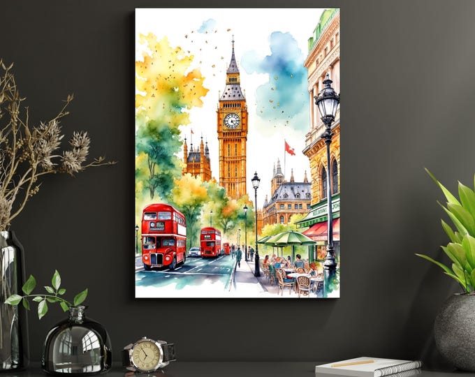 Big Ben Watercolor Canvas Print, London Cityscape Wall Art