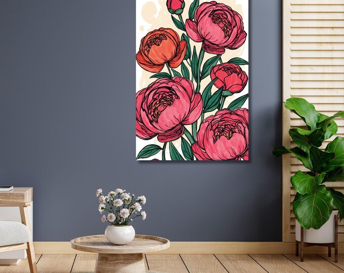 Peony and Red Rose Canvas Wall Art - Bright Botanical Floral Print