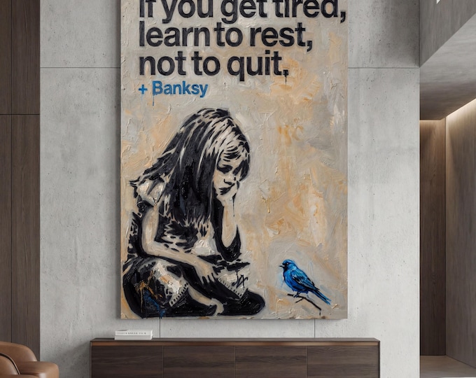 Banksy Girl Blue Bird Canvas Art, Modern Street Graffiti Print, Hopeful Wall Decor