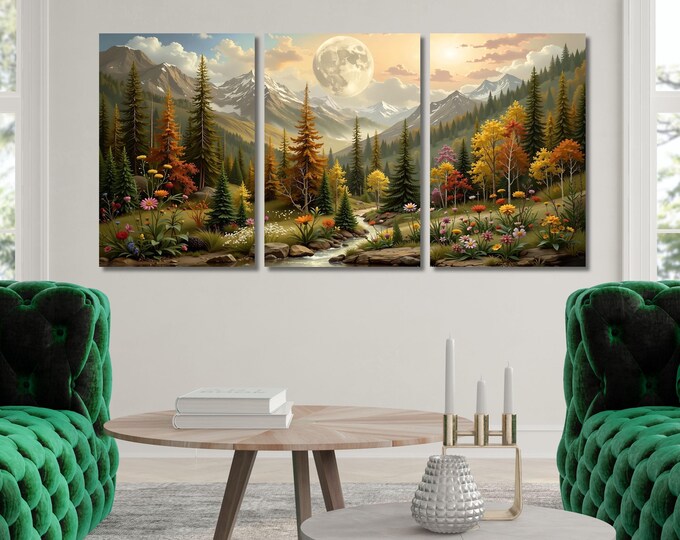 Set of 3 Flower Garden Flower Moon canvas, Moonlit Tree Forest wall Art,Full Moon Wildflower Print Gustav Klimt Night style Canvas Wall Art