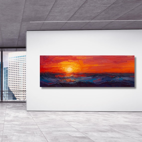 Panoramic Sun Landscape Canvas Wall Art,Framed Canvas Japanese Style Mid Century Exhibition Long Narrow Print,Large Modern Living Room Decor