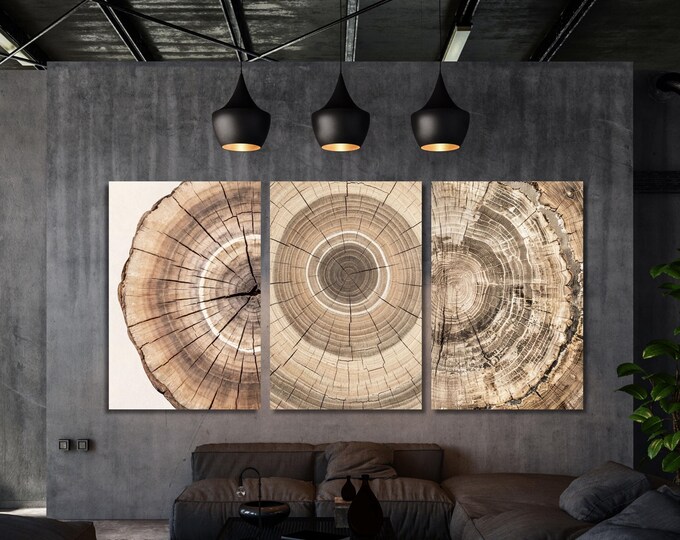 Set of 3 Tree Ring Canvas Art, Beige Minimalist Abstract Wall Decor (Canvas Poster)