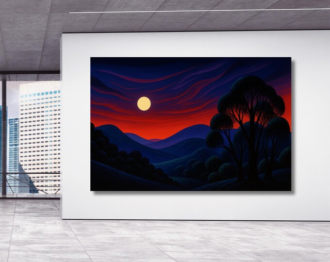 Full Moon Wildflower Canvas, Moonlit Forest Wall Art, Rustic Woodland Landscape Print