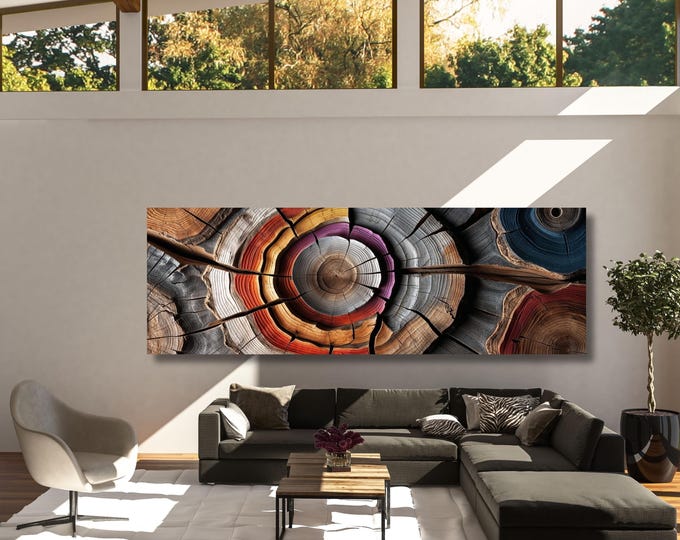 Panoramic Tree Rings Canvas Wall Art Elegant Natural Wall Art Great Design Solution for Echo Tree Ring Print of stump, Tree ring Canvas art