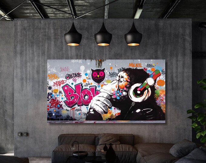 Banksy DJ Monkey Canvas Wall Art Banksy Thinking Monkey Music Thinker Graffiti Wall Art Extra Large Wall Art Gorilla Chimp Ready to Hang